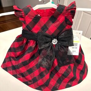 BONNIE BABY 3-6m Red Black Buffalo Check Flutter Sleeve Bow Dress NWT